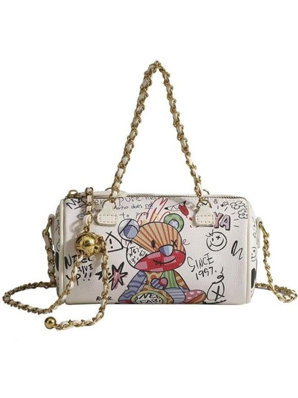 Graffiti White Vegan Leather  Crossbody bag, Trendy Mini Shoulder Bag  Purse